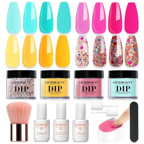 Vista 18 de Azurebeauty - Kit de uñas de inmersión para Navidad, 4 colores, rojo, verde, oro con brillo, sistema de polvo de inmersión, bandeja de reciclaje