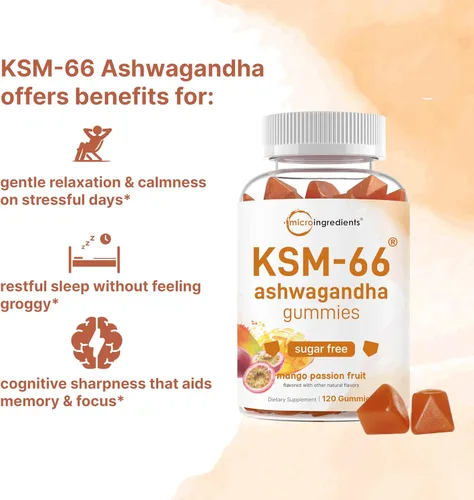 Vista 3 de Micro Ingredients Gomitas Ashwagandha KSM-66, 120 unidades, sabor a fruta de la pasión de mango sin azúcar, potente extracto de raíz, apoyo