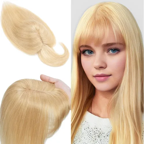 Vista 18 de SEGO Toppers de cabello humano 100% real, con flequillo de aire, base de seda 150% de densidad, topper con clip, 2.7 x 5.1 pulgadas, piezas