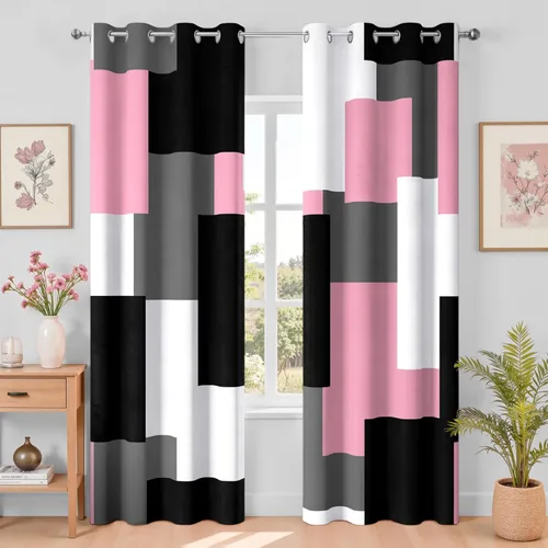 Vista 82 de Tyrot Avocado Green 100% Blackout Curtains for Bedroom 63 inch Long 2 Panels Set White Modern Abstract Geometric Black Out Curtains Insulated Room