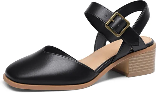 Vista 9 de Coutgo Zapatos de vestir de tacón bajo y grueso para mujer, con puntera cerrada, con correa de tobillo ajustable Beige