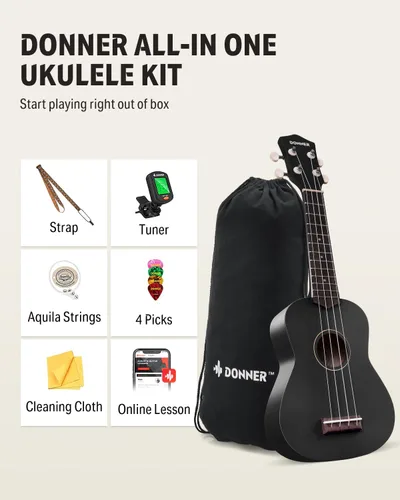 Vista 2 de Donner Ukulele Soprano para Principiantes de 21 Pulgadas, Ukulele Mate, Kit para Principiantes con Bolsa, Correa, Afinador, Cuerdas, Púas, Paño