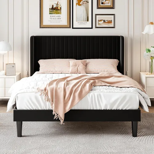 Vista 3 de SHA CERLIN Base de cama de terciopelo tamaño Queen con cabecera capitoné de canal vertical, plataforma tapizada con listones de madera, no necesita