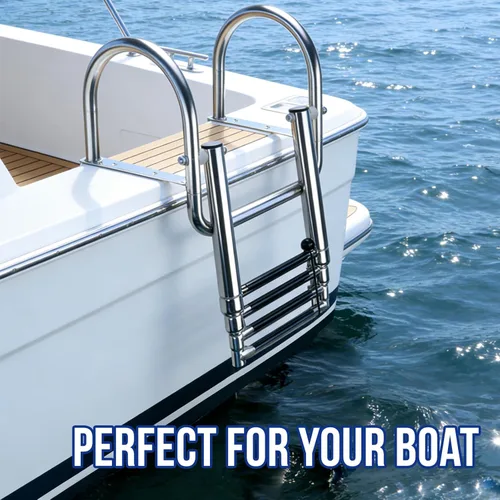 Vista 5 de Marinebaby Escalera para barco pontón de acero inoxidable de 4 escalones, resistente plegable y telescópica para entrada trasera, con barandilla