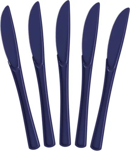 Vista 17 de Exquisite Cuchillos de plástico morados, 50 piezas, cuchillos morados, utensilios desechables, juego de cubiertos de plástico resistente