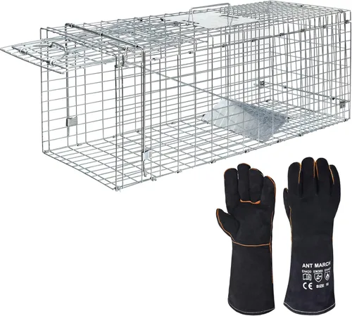 ANT MARCH Live Animal Cage Trap 32''x11.5"x13" Steel Humane Release Rodent Cage with Gloves for Rabbits, Stray Cat, Squirrel, Raccoon, Mole, Gopher,