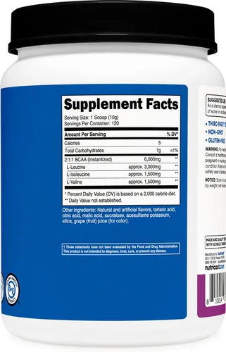 Vista 5 de Polvo Nutricost BCAA (Uva, 120 porciones) - Sin gluten, sin OMG, vegetariano, proporción óptima 2:1:1