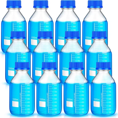 Vista 8 de Irenare Botellas de almacenamiento de medios de vidrio de borosilicato científico redondo graduado con tapa de rosca azul GL45 para agua