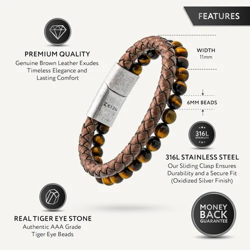 Vista 31 de RTZN® Brown Leather Bracelet for Men – Premium Artisan Handcrafted Mens Leather Bracelet – Multi-Stand Mens Bracelet Leather Collection Beaded