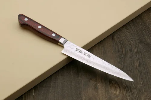 Vista 7 de Yoshihiro VG10 Cuchillo utilitario Petty de acero inoxidable de Damasco martillado de 16 capas (5.3'' (135mm))