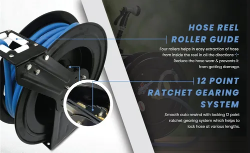 Vista 5 de BluSeal BSWR1250HRS Carrete de manguera retráctil con manguera de goma para agua caliente de 1/2" x 50', entrada de 6', montaje giratorio