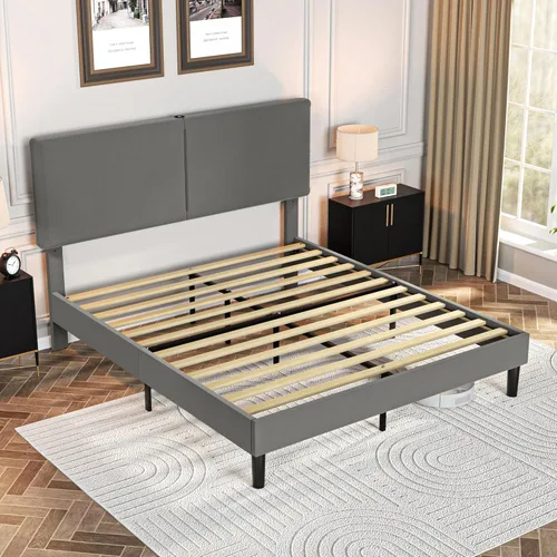 Vista 15 de VECELO Base de cama tamaño Queen tapizada con cabecera de algodón y lino ajustable en altura, listones de madera resistente, espacio debajo