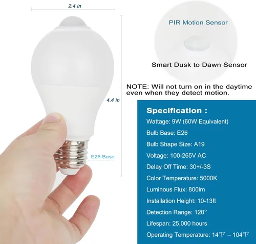 Vista 8 de Bombillas con sensor de movimiento para interiores y exteriores, bombilla LED con detector de movimiento A19 de 9 W, equivalente a 60 vatios, luz