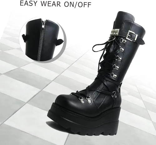 Vista 5 de CELNEPHO - Botas para mujer, estilo de combate, punk, de plataforma alta, hasta mitad de la pantorrilla, de cuña, con tacones altos y gruesos