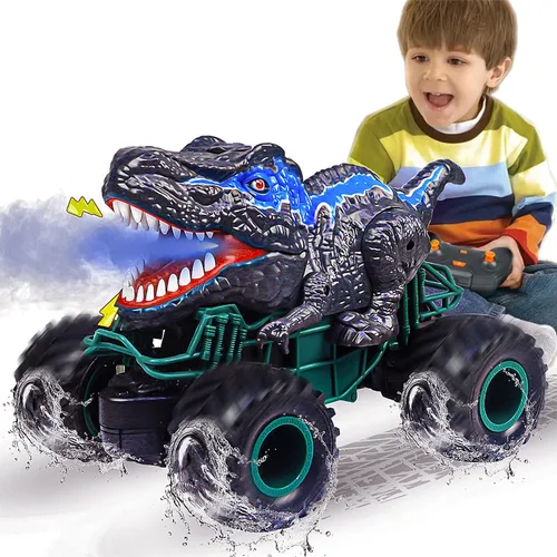 Coche de control remoto de dinosaurio, juguetes de camión monstruo mega RC de 2.4GHz para niños pequeños, juguetes de dinosaurio con luz, sonido y