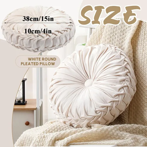 Vista 2 de 1 Pieza Cojines Redondos Decorativos de Terciopelo Plisado Cojines 15'' de Diámetro Acento Calabaza Boho Cojín de Silla para Sofá Silla Cama blanco