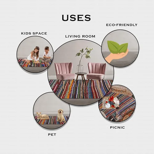 Vista 9 de Alfombra de algodón de 24 x 36 pulgadas, multicolor, tejida a mano, lavable y reversible para sala de estar, cocina, entrada, con borlas (aguamarina)