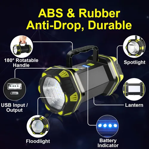 Vista 7 de Linterna LED para camping, linterna recargable, portátil, súper brillante, luz de emergencia al aire libre, lámpara de búsqueda impermeable