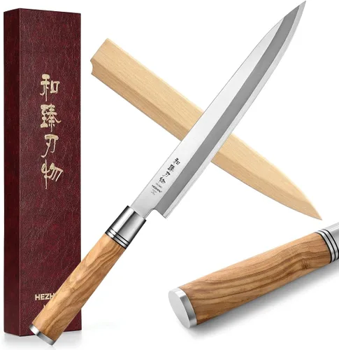 HEZHEN Cuchillo Sashimi de 9.449 in,Cuchillo de sushi Yanagiba,Mango de madera de olivo con estuche de cuchillo de madera