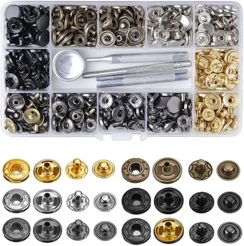 Kit de 360 piezas de cierre a presión de cuero resistente de 0.59 pulgadas, botón a presión de metal, remaches con 4 herramientas de