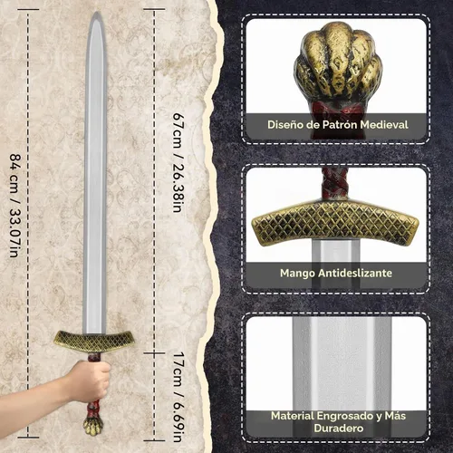 Vista 3 de quescu King Arthur Toy Sword,35.8" Medieval Longsword,Plastics Sword,Medieval Knight Costume Accessories for Renaissance Props (Leopard Head hilt)