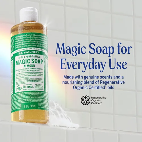 Vista 2 de Dr. Bronner's - Jabón líquido de Castilla puro (almendra, 8 onzas) - Hecho con aceites orgánicos, 18 usos en 1: Cara, cuerpo, cabello, ropa