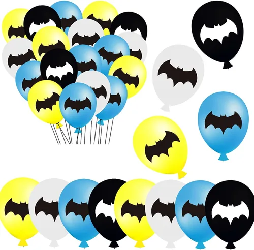 Vista 2 de 50 globos de látex de murciélago, azul, amarillo, negro, blanco, súper murciélago, cumpleaños, héroe, baby shower, decoración de fiesta, suministros