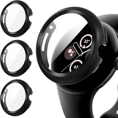 Suoman Paquete de 3 fundas para Google Pixel Watch 3/2/1 de 1.614 pulgadas, [antiarañazos] protector de pantalla de vidrio templado 9H + cubierta