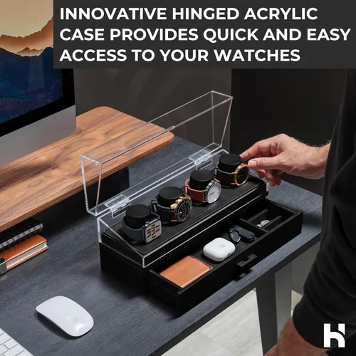 Vista 4 de Eleva tu colección de relojes con The Watch Deck Pro Estuche de alta calidad para 4 relojes Fácil acceso, cajón y forro de cuero Caja de reloj