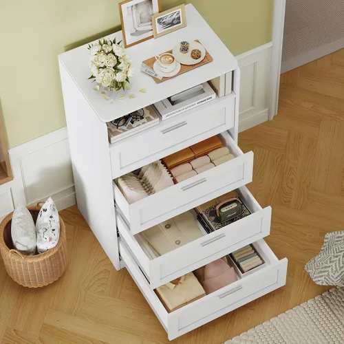 Vista 4 de TEENFON Cómoda para dormitorio, cómoda alta blanca con 4 cajones, aparadores con espejo, cómoda para dormitorio, sala de estar, armario, pasillo