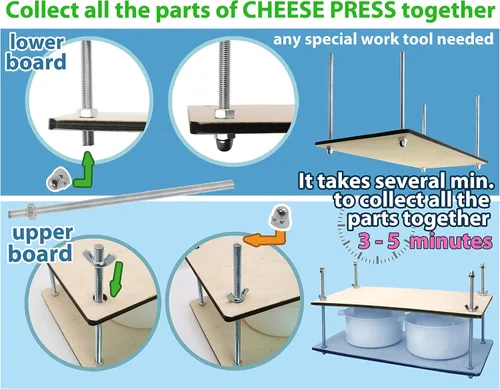 Vista 6 de Prensa de queso de madera para suministros de fabricación de queso, guías de metal de 16 pulgadas y 2 moldes de queso con pistón seguidor de 1.3