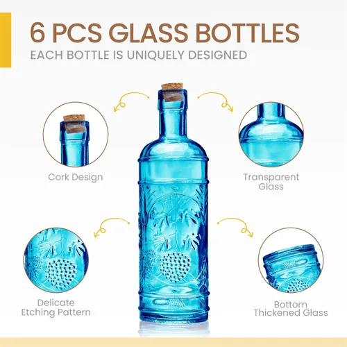 Vista 3 de BULK PARADISE Botellas de vidrio azul surtido con corchos, paquete de 6, 2.5 x 9 pulgadas, 16 onzas
