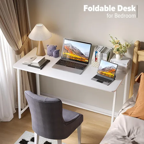 Vista 21 de WOHOMO Escritorio plegable de mármol sintético blanco, escritorio pequeño de 31.5 pulgadas para espacios pequeños con patas doradas, escritorio