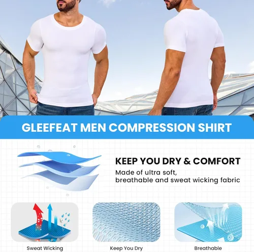 Vista 6 de Gleefeat Mens Shapewear Compression Shirt Men Body Shaper Short Sleeve Slimming Undershirt Gynecomastia Abdomen Vest Tops