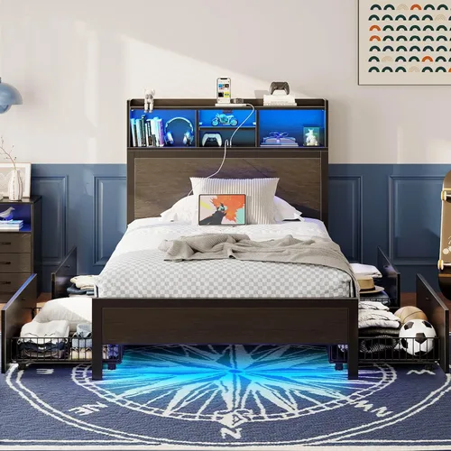 Vista 3 de Rolanstar Base de cama individual con cabecera de almacenamiento, plataforma de metal con estación de carga, cama individual LED con 4 cajones,