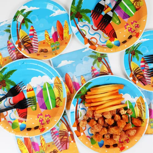 Vista 5 de 100 piezas de platos de papel y servilletas de temática de playa y surf de verano para fiestas de cumpleaños, suministros para fiestas de tabla