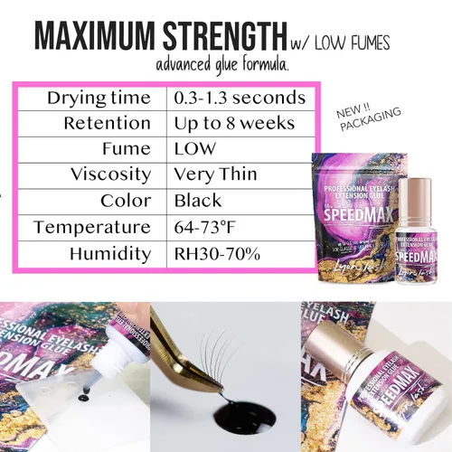 Vista 4 de Lyon Lash SPEEDMAX - Pegamento para extensión de pestañas, 0.3 a 1.3 segundos, tiempo de secado de hasta 8 semanas, suministros adhesivos negros