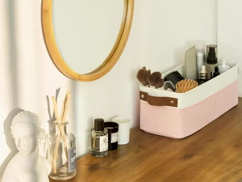 Vista 26 de StorageWorks Contenedores de almacenamiento estrechos, cesta pequeña para armario y estantes, organizador rectangular de tela con asas, Beige