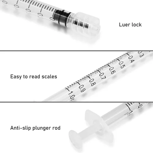 Vista 2 de Jeringas Luer Lock desechables de 0.0 fl oz con aguja de 0.88 oz de 1 pulgada, paquete individual - Paquete de 20
