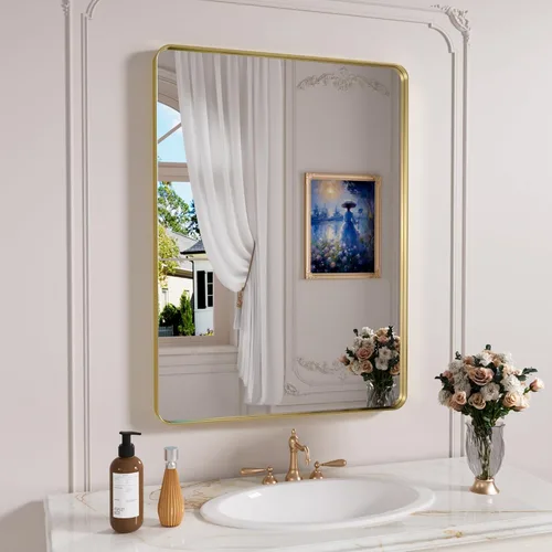 Vista 83 de JISOSO - Espejo de baño negro de 20x30 pulgadas con marco de metal negro, espejo de tocador rectangular redondeado con acabado mate para pared