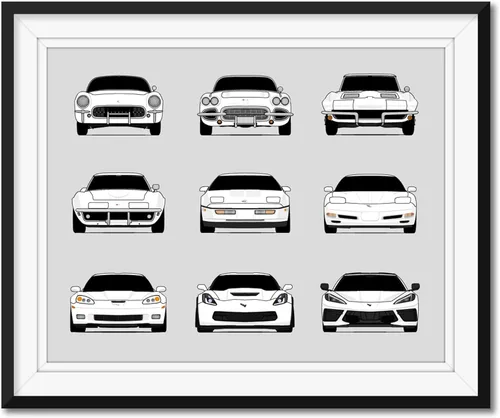 Vista 3 de Custom Car Posters Handmade Poster compatible with Chevy Corvette Generations and Print of Chevrolet Corvette (C1 C2 C3 C4 C5 C6 C7 C8) (Landscape)