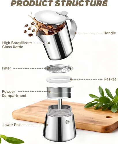 Vista 3 de 304 Stainless Steel Express Stovetop Coffee Maker 2 Cup 3.3oz/100ml-Italian Espresso Maker Home Kitchen & Camping All Stovetops