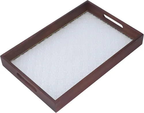 Vista 3 de Walnut Wood Serving Tray, Rectangle Vintage Glass Bottom with Handles, Elegant Kitchen Snack Plate - Multi Purpose, Durable Wood Siding, Ideal for