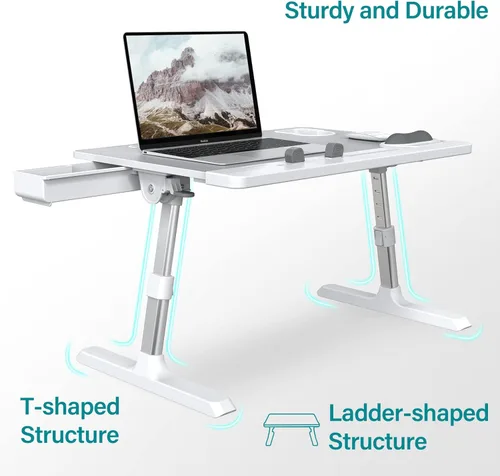 Vista 7 de WOKA Escritorio para computadora portátil para cama, escritorio de regazo ajustable en altura con cajón, mesa plegable extra grande para computadora
