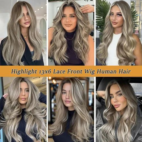 Vista 6 de Pelucas de cabello humano lacio con encaje frontal, color castaño cenizo degradado a rubio 613 con raíces oscuras 13x6 HD, peluca frontal de encaje