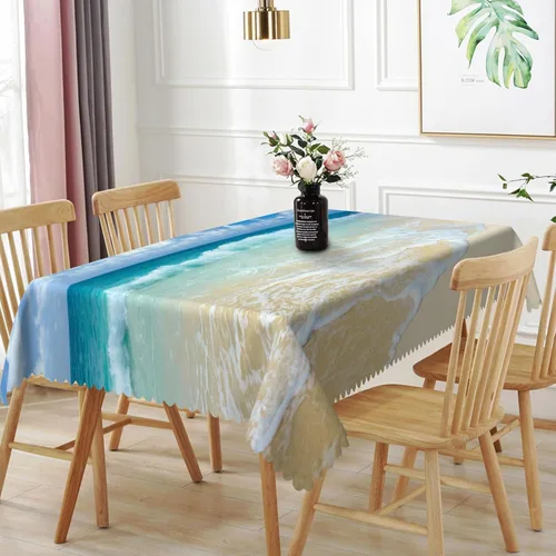 Vista 27 de Mantel oblongo, diseño de playa de 52 x 70 pulgadas, diseño de playa con estrellas de mar y olas de mar, con decoración impermeable y resistente a