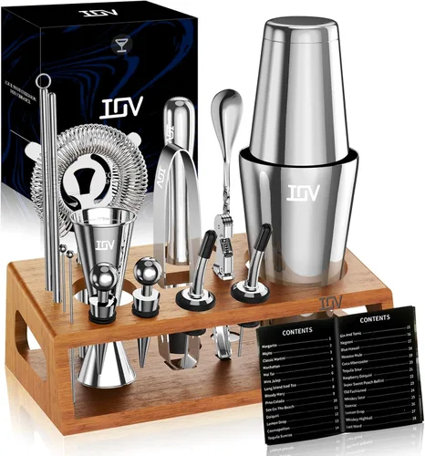 Vista 8 de IOV Mixology Bartender Kit de bar con soporte, juego de coctelera de 17 piezas, juego de mezclador de bebidas Boston Shaker de 28 onzas con todas