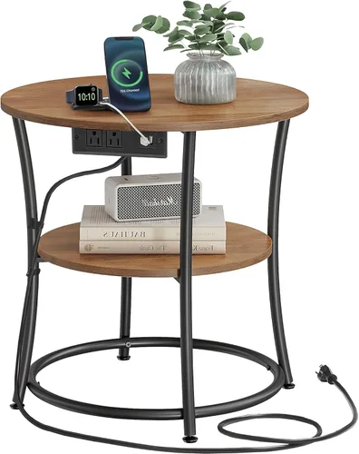 Vista 14 de VASAGLE Mesa auxiliar redonda de 21.7 pulgadas, mesa auxiliar de 2 niveles, mesita de noche con marco de acero, parte superior espaciosa