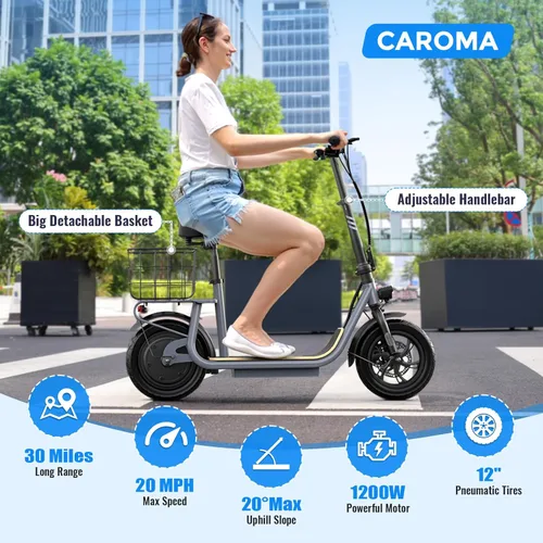 Vista 51 de Caroma Electric Scooter with Seat, Max 30 Miles Range&20MPH Speed, Peak 800/1200W Motor, Foldable Electric Scooter for Adults and Teens, Commuter E