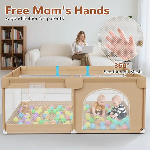 Vista 3 de Corralito grande para bebés de 71 x 59 pulgadas, corralito para bebés y niños pequeños con 50 bolas oceánicas y 2 asas, área de juego resistente